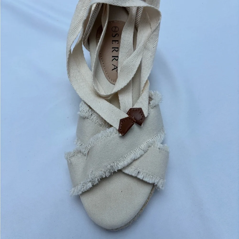 Serra Cream Espadrille Wedges with Textured Fabric Tie Up Boho